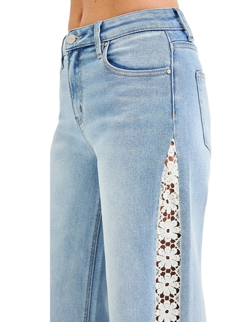 Wide Leg Light Blue Denim Jeans with Lace Side Panels - Picture 4 of 4